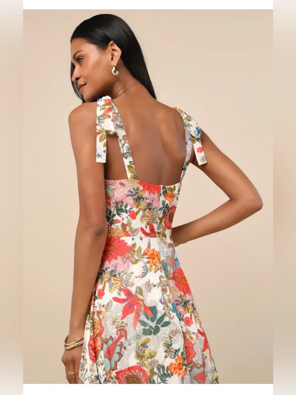 Lulus Simply Blissful Ivory Multi Floral Tie-strap A-line Midi Dress White - Picture 5 of 9